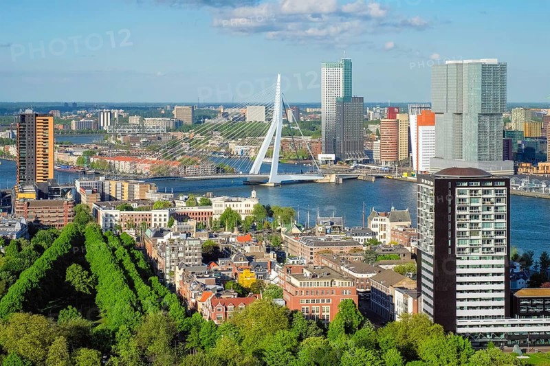 View of Rotterdam city and the Erasmus bridge Erasmusbrug over Nieuwe Maas river from Euromast