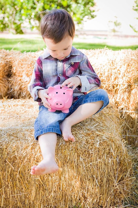 Cute young mixed-race boy sitting on hay bale putting coins into pink piggy bank