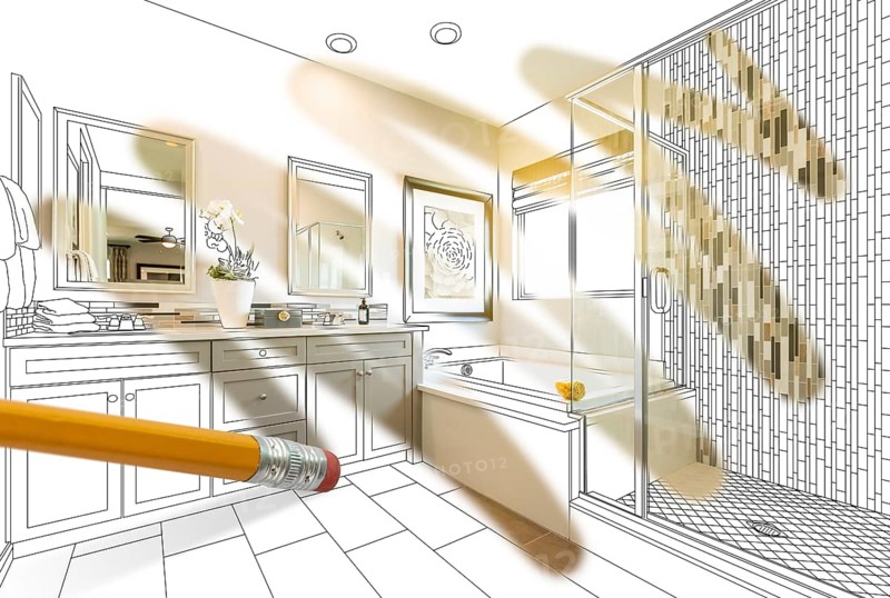 Pencil erasing drawing to reveal finished custom bathroom design photograph