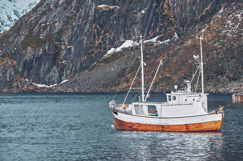 Ship fishing boat in Hamnoy fishing village on Lofoten Islands