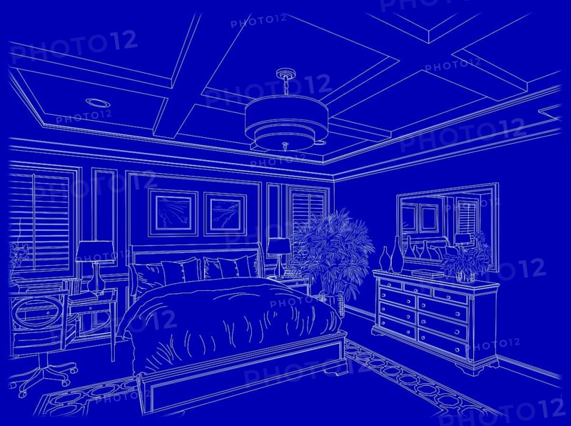 Beautiful custom bedroom design drawing in white on blue background