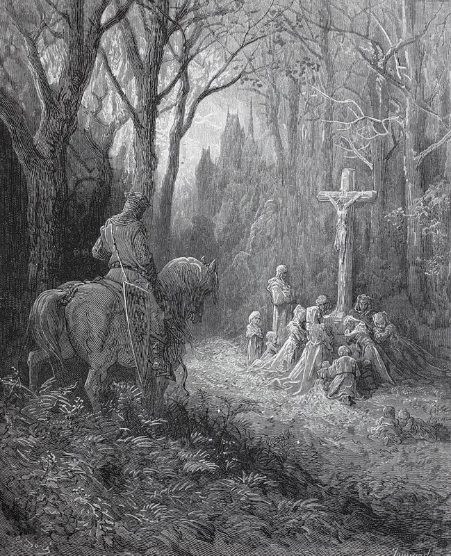 A knight returns to his family praying in front of the cross after the crusade