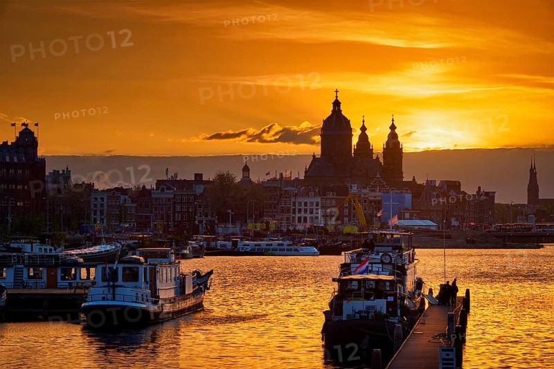 Amsterdam cityscape skyline with Church of Saint Nicholas