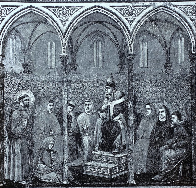Franz von Assisi predigt zu Papst Honorius III. Fresko von Giotto in der Kirche S. Francesco in Assisi