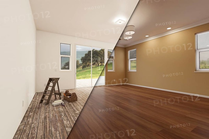 Unfinished raw and newly remodeled room of house before and after with wood floors
