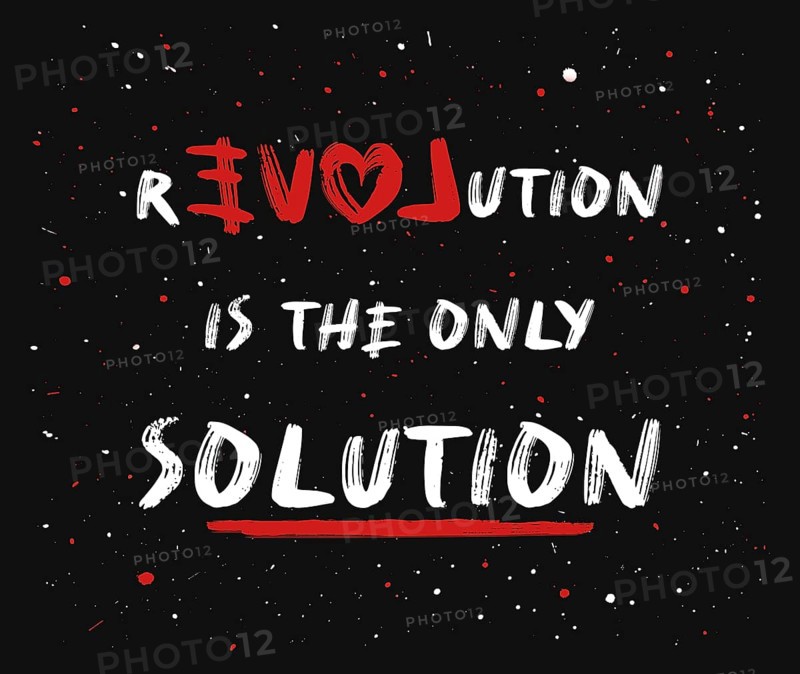 Love or revolution is the main solution? Concept of resistance and new changes. People against injustice. Text art painting on a concrete grunge wall. Creative idea human rights and social problems