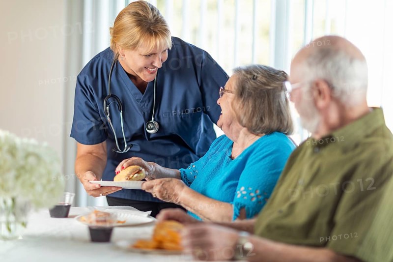 Female doctor or nurse serving senior adult couple sandwiches at table