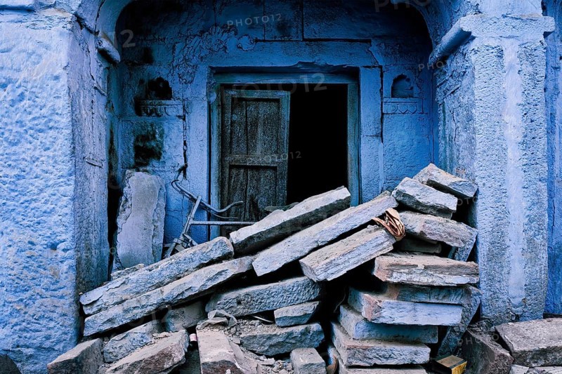 Blue house facade in streets of of Jodhpur