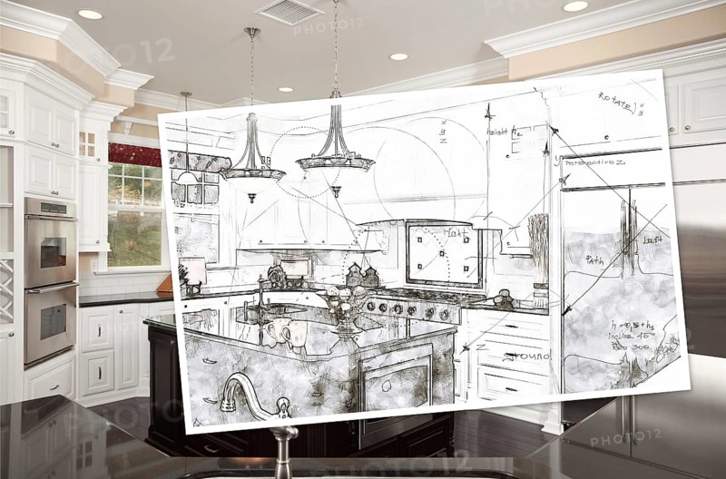 Beautiful custom kitchen design drawing on paper over finished photograph