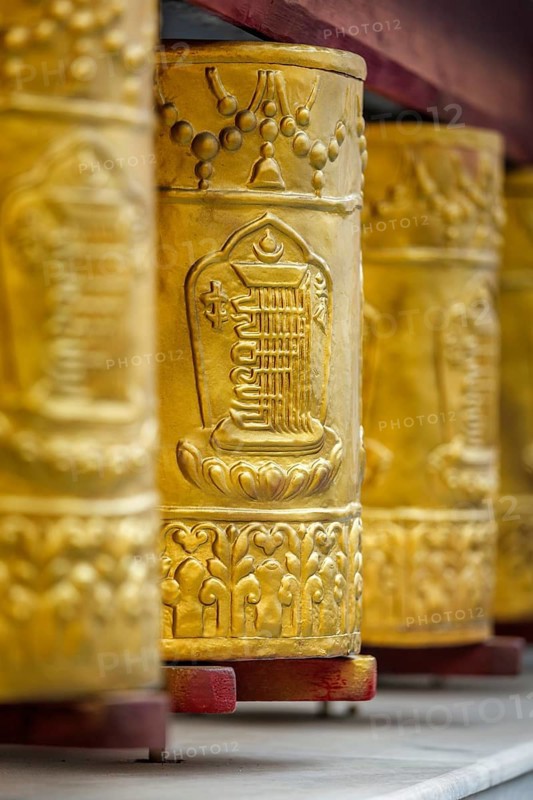 Prayer wheels with Om Mani Padme Hum mantra in Tabo Monastery. Tabo