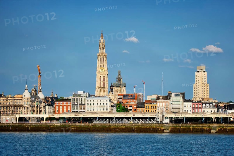 View of Antwerp over the River Scheldt with Cathedral of Our Lady Onze-Lieve-Vrouwekathedraal Antwerpen