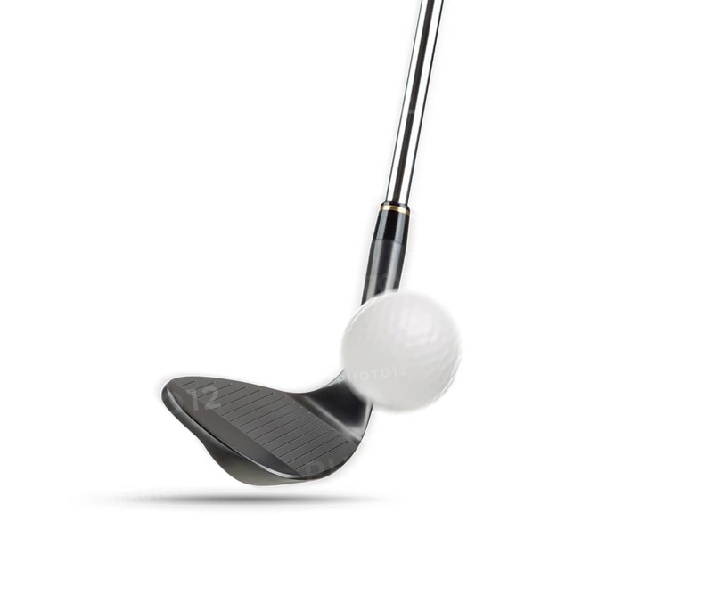 Black golf club wedge iron hitting golf ball on white background