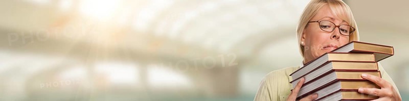 Banner of beautiful expressive student or businesswoman with books