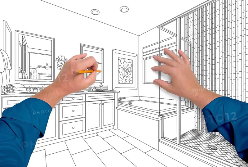 Male hands sketching beautiful custom bathroom
