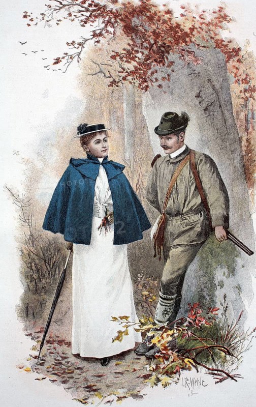Hunter meets walker in autumn forest