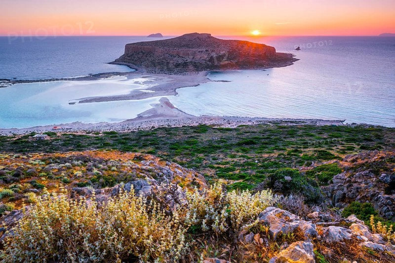 Island Gramvousa and the beautiful Balos beach on sunset in Crete island