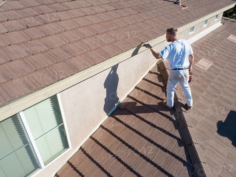 Professional painter using A brush to paint house facade