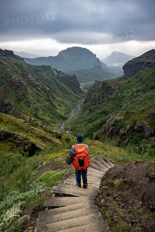 Hikers on hiking trail with steps