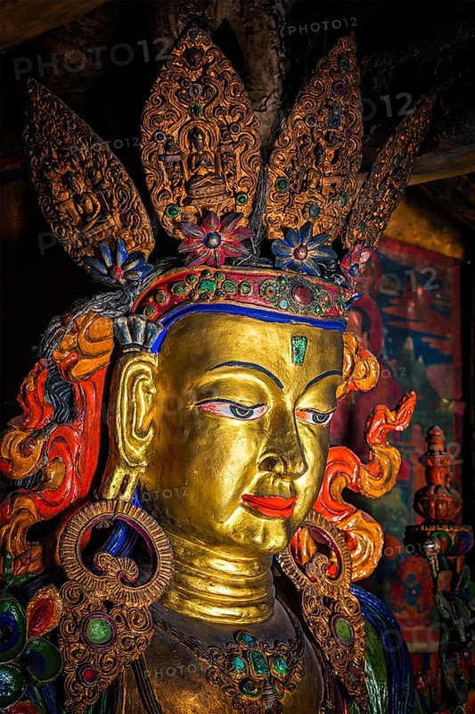 Maitreya Buddha statue close up Tibetan monastery Thiksey Gompa. Ladakh