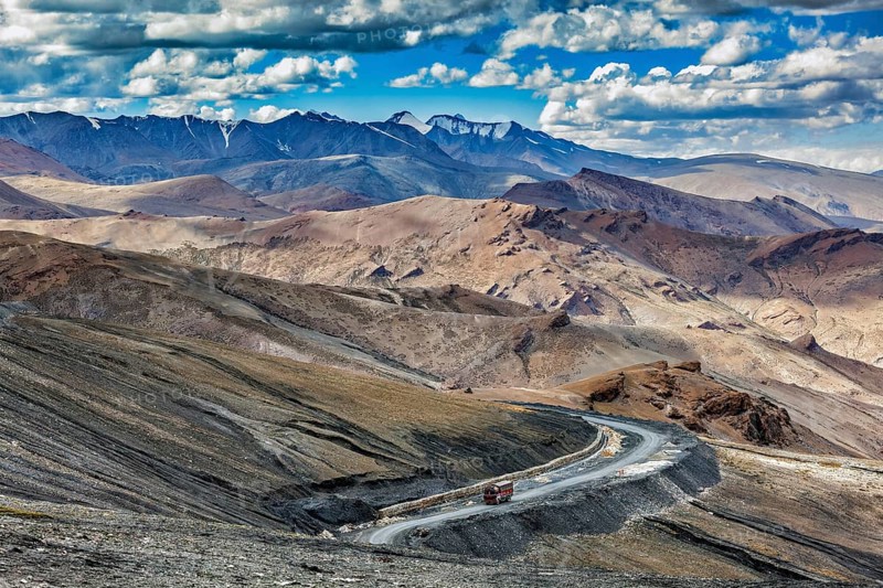Indian lorry truck on road in Himalayas near Tanglang la Pass
