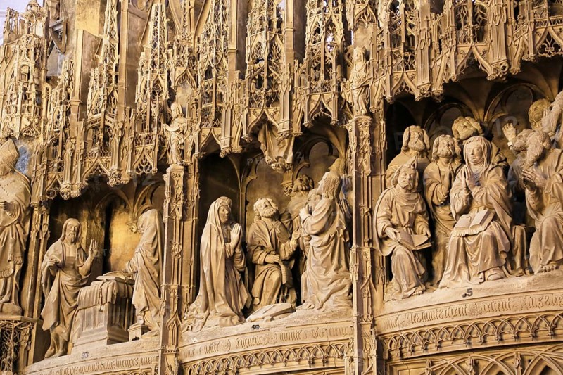 Stone sculptures Scenes from the Life of Jesus and Mary on the choir screen of Notre Dame of Chartres Cathedral