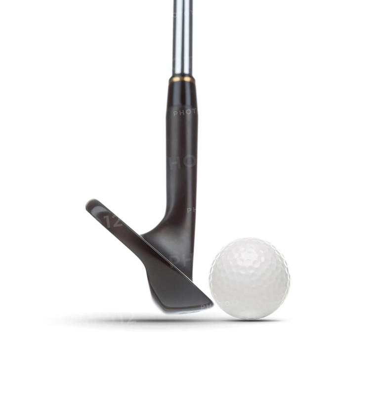 Black golf club wedge iron and golf ball on white background