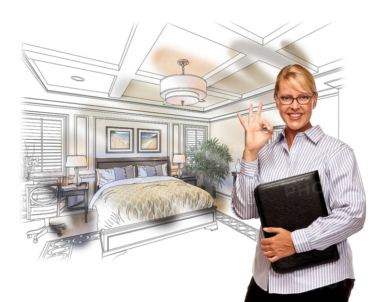 Woman with okay sign over beautiful custom bedroom drawing photo combination