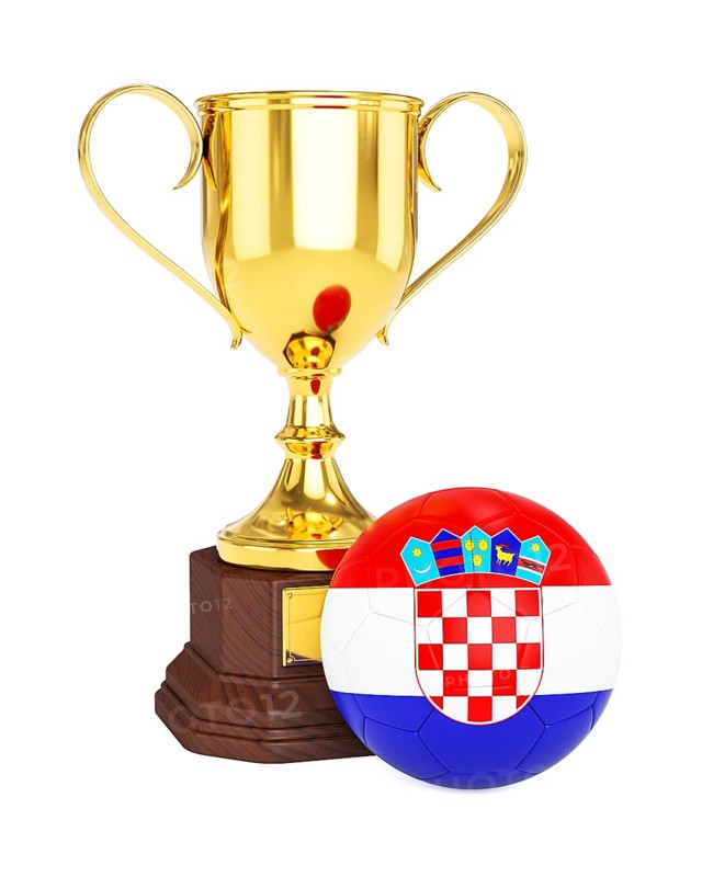 3d rendering of gold trophy cup and soccer football ball with Croatia flag isolated on white background