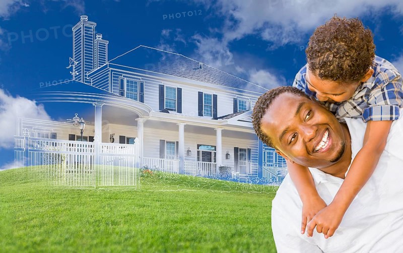 mixed-race father and son piggyback with ghosted house drawing