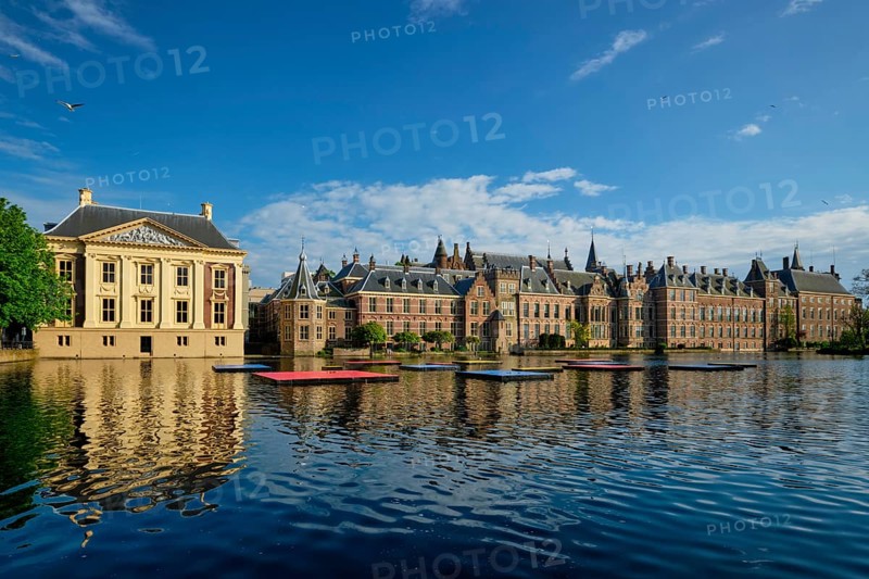 View of the Binnenhof House of Parliament and Mauritshuis museum and the Hofvijver lake