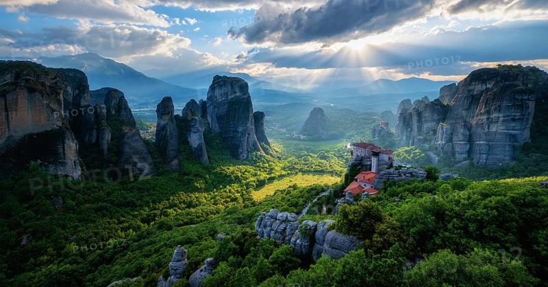 Panorama of sunset over monastery of Rousanou and Monastery of St