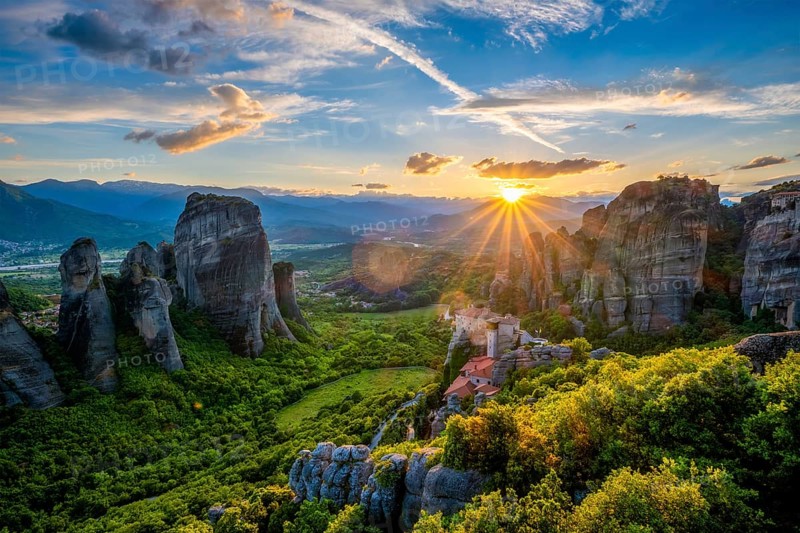 Sunset over monastery of Rousanou and Monastery of St