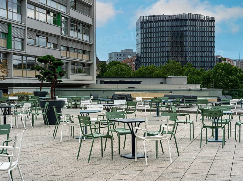 Empty seats on the roof terrace of Bikini Haus