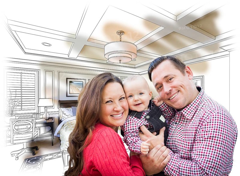 Happy young family with baby over custom bedroom drawing and photo combination