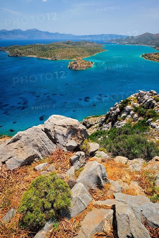 Island of Spinalonga with old fortress former leper colony and the bay of Elounda