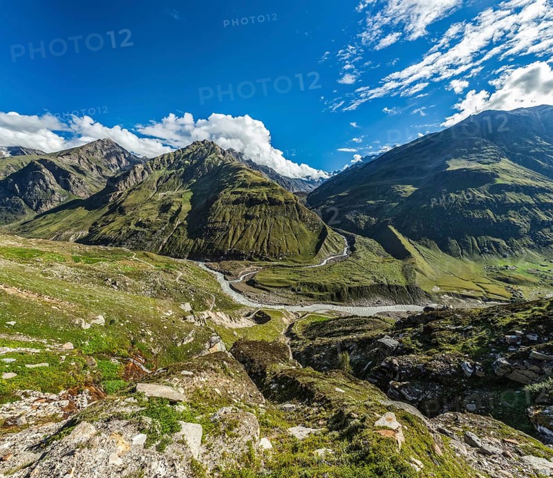 View of Lahaul valley from descend from Rohtang La pass