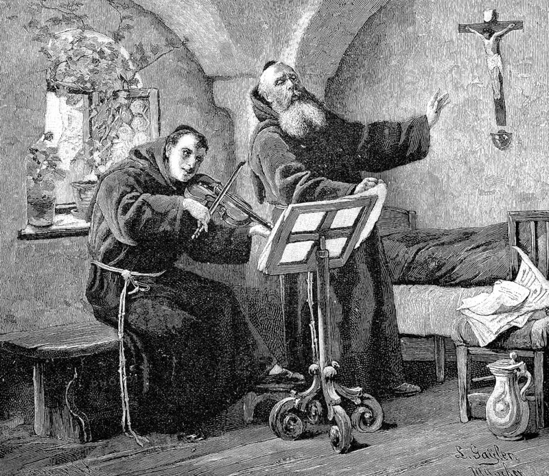Monks playing music in a monastery cell in the monastery in 1860