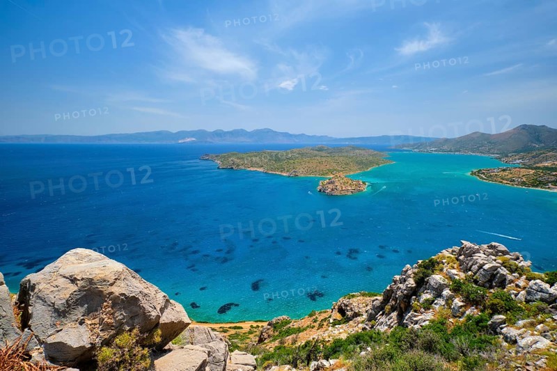 Island of Spinalonga with old fortress former leper colony and the bay of Elounda