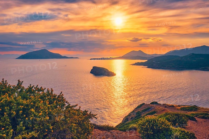 Aegean Sea with Greek islands view on sunset