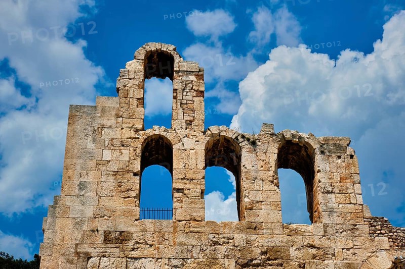 Ruins of Odeon of Herodes Atticus ancient stone Roman theater located on the southwest slope of the Acropolis hill of Athens