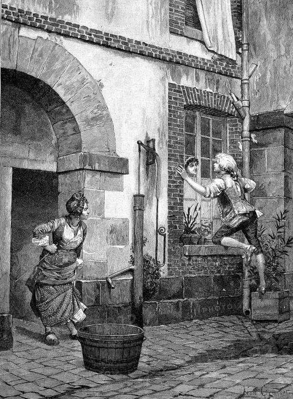 The Interrupted Flirt. Young man flirts with girl in window and is caught by mother