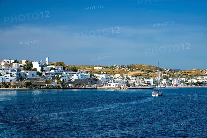 Yacht boat in Aegean sea near Adamantas Adamas harbor town of Milos island. Milos