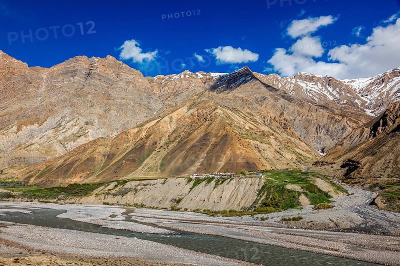 Small sparsely populated village with residental houses in Himalayas mountains