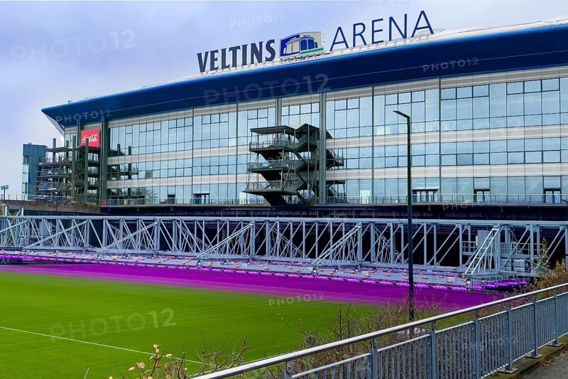 Fully automatic movable LED lighting system for turf growth lighting of out of stadium driven turf football pitch playing field of Bundesliga club football club FC Schalke 04