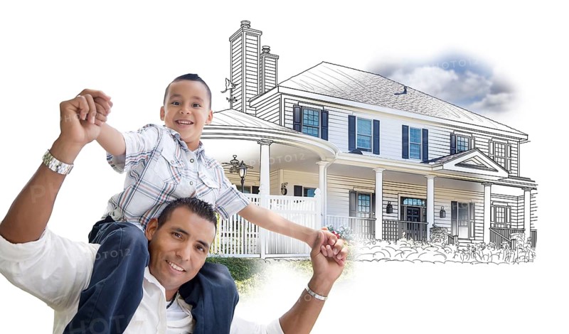Hispanic father and son over house drawing and photo combination on white