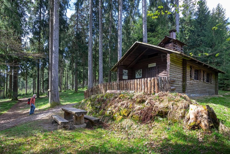 Hikers in front of the lumberjack's hut on the Moorwald adventure trail