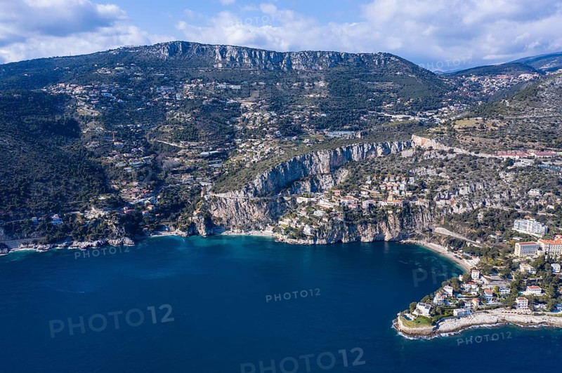 Aerial view of the coast of Cap d'Ail with Plage Mala