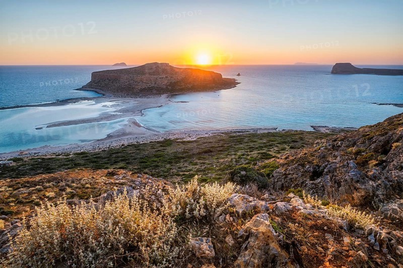 Island Gramvousa and the beautiful Balos beach on sunset in Crete island
