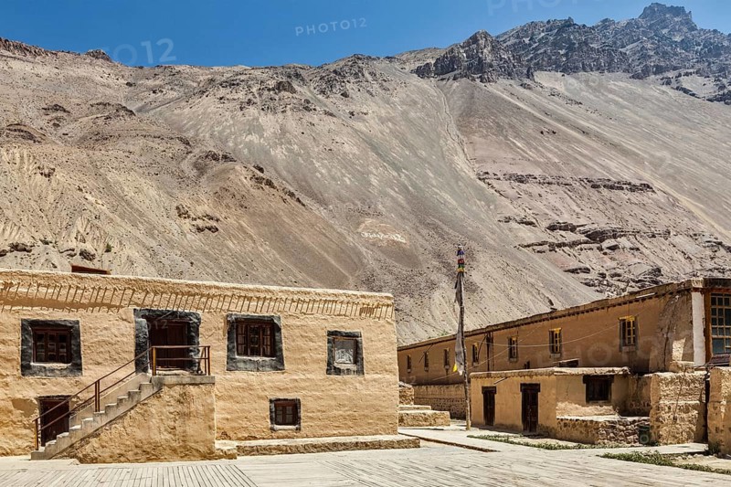 Tabo monastery of Tibetan Buddhist Gelug sect made of clay in Tabo village. Monastery is built on high Himalaya plato in tradition of Tibetan Buddhism. Tabo