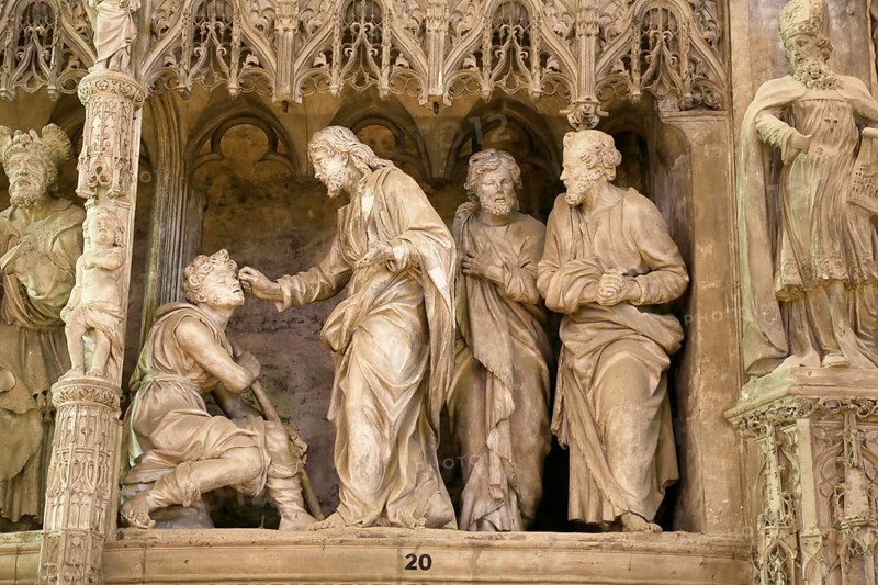 Stone sculptures Scenes from the Life of Jesus and Mary on the choir screen of Notre Dame of Chartres Cathedral